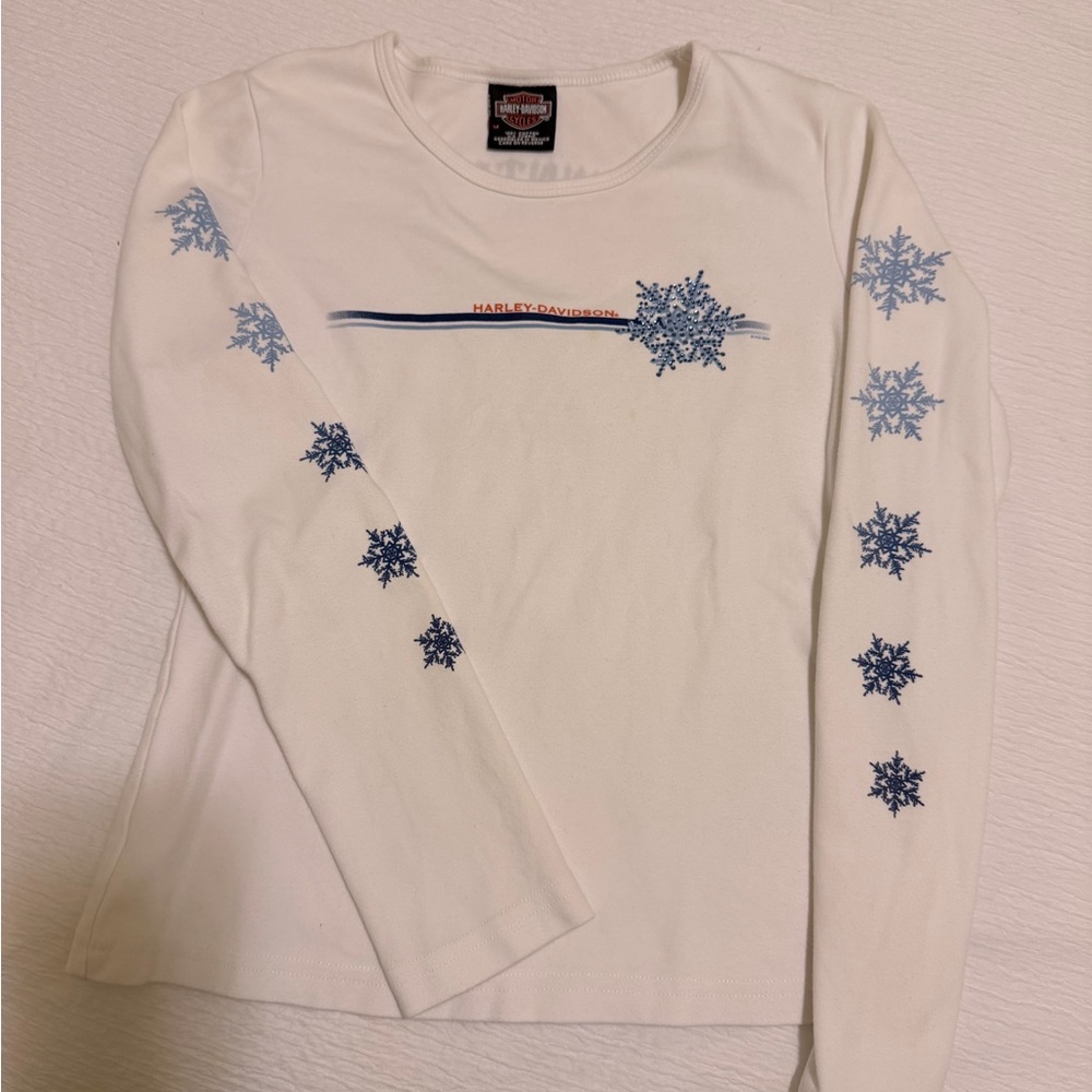 Harley-Davidson Kids White and Blue Snowflake Long Sleeve Tee